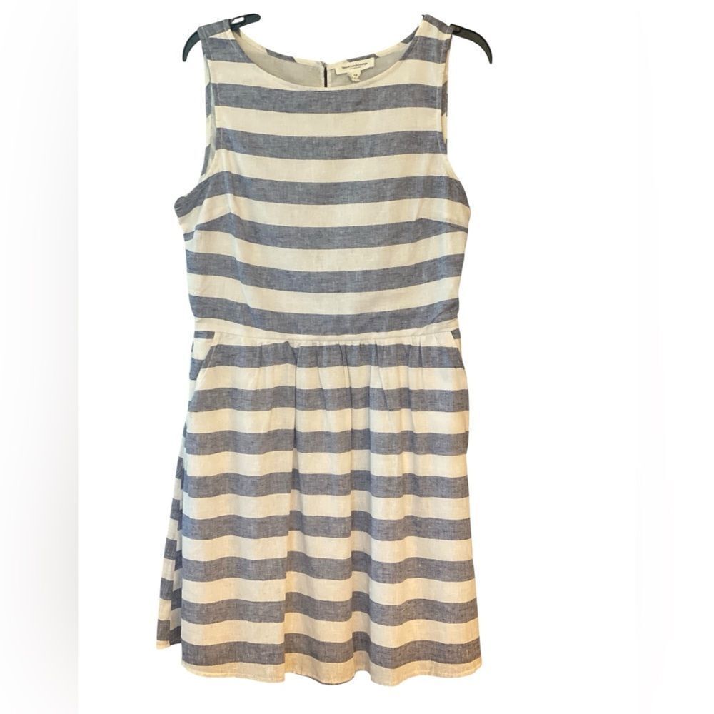 BeachLunchLounge NWT Sz M Blue Stripe Linen Cotton Pocket Fit Flare Dress